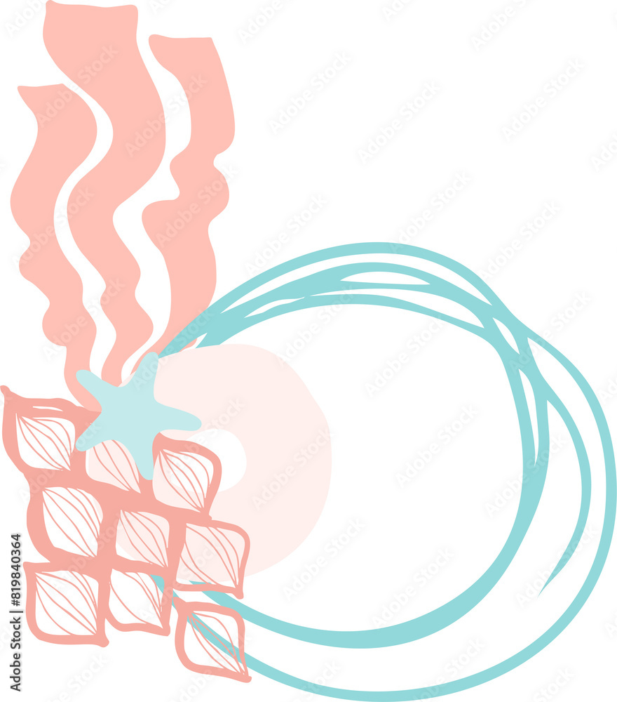 Fototapeta premium Universal abstract composition (frame) of flat isolated bionic elements on a marine theme on a transparent background. Digital illustration