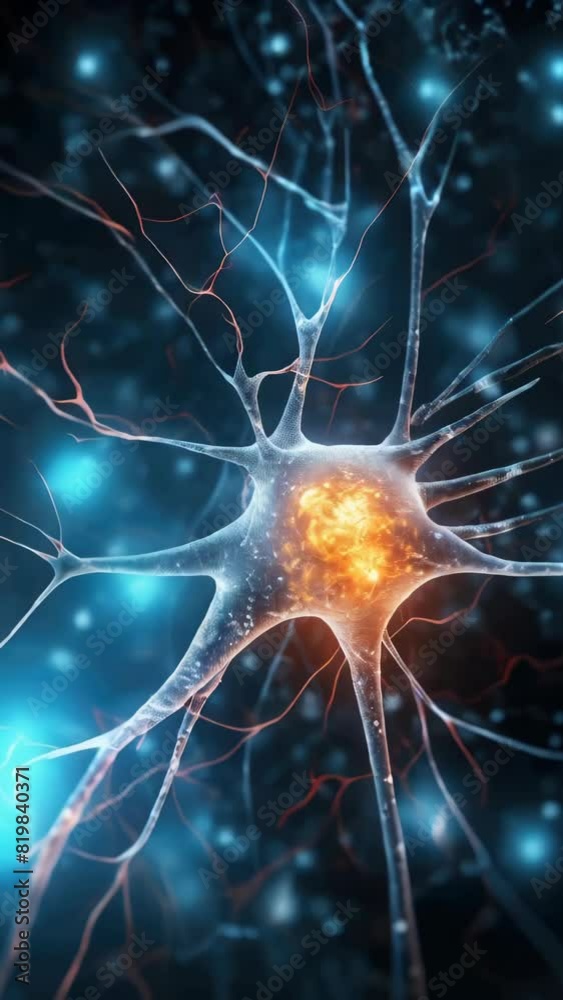 A close up of a brain cell with a yellow spot on it. The cell is surrounded by blue and red lights A close up of a brain cell with a yellow spot on it. The cell is surrounded by blue and red lights