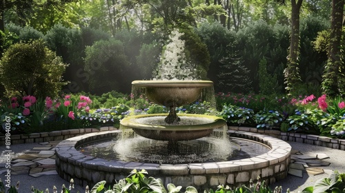 A tranquil garden with a fountain.