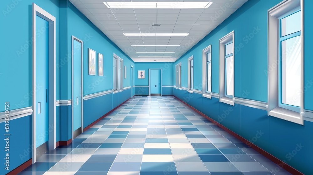 The doors in a hallway of a hospital, laboratory, or school. Double metal doors in the corridor with wide rectangular windows on the walls, fully rendered 3d modern illustration.