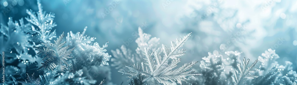Fototapeta premium Closeup of snow-covered pine branches against blurred background.
