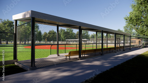 baseball field dugout in the middle of the forest 3d rendering