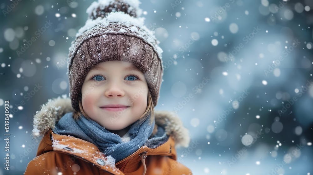 Child playing in the snow, their face beaming with happiness while bundled up in a warm hat and jacket Child playing in the snow, their face beaming with happiness while bundled up in a warm hat and jacket