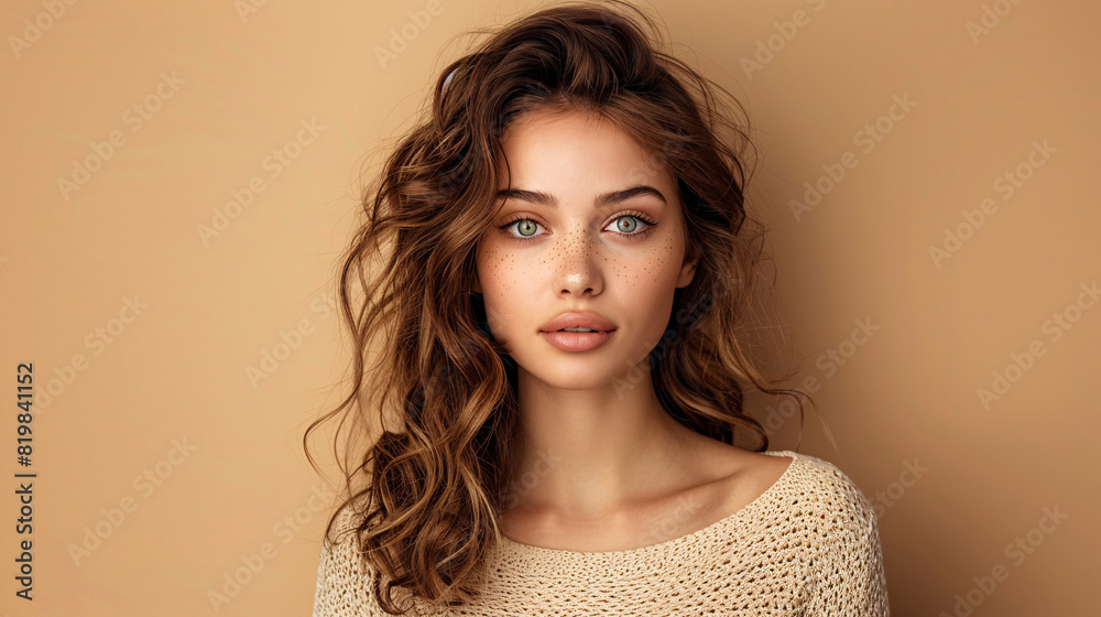 Slim caucasian woman with a sophisticated look, posing gracefully against a beige background Slim caucasian woman with a sophisticated look, posing gracefully against a beige background