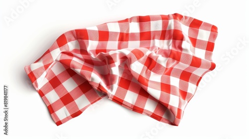 Realistic 3D modern illustration of a linen or gingham kitchen towel top view. Folded kitchen towel with liner and chequered print. Picnic napkin with gingham design on white background. Realistic 3D