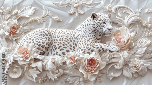 Photography White Leopard,flowers ,intricate versace style,pen thick lines,bold linework,ornate style wood carvings,linocut details