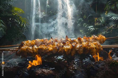 Sizzling Churrasco on a Rainforest Skewer A Taste of Amazons Bold Greenery and Cascading Waterfalls in Digital