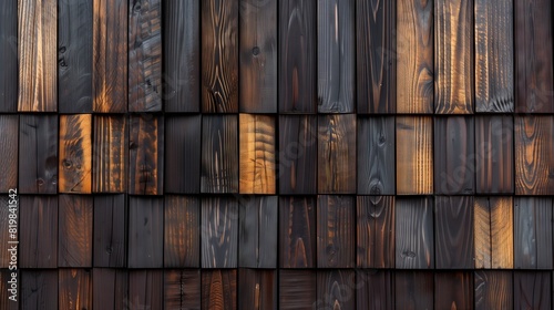 The image presents a close-up view of a wooden wall. The wall is composed of rectangular panels  each exhibiting a unique pattern and texture. 