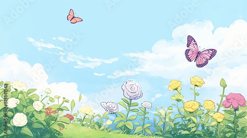 Beautiful illustration of a vibrant spring garden with colorful flowers and butterflies under a bright blue sky with scattered clouds.