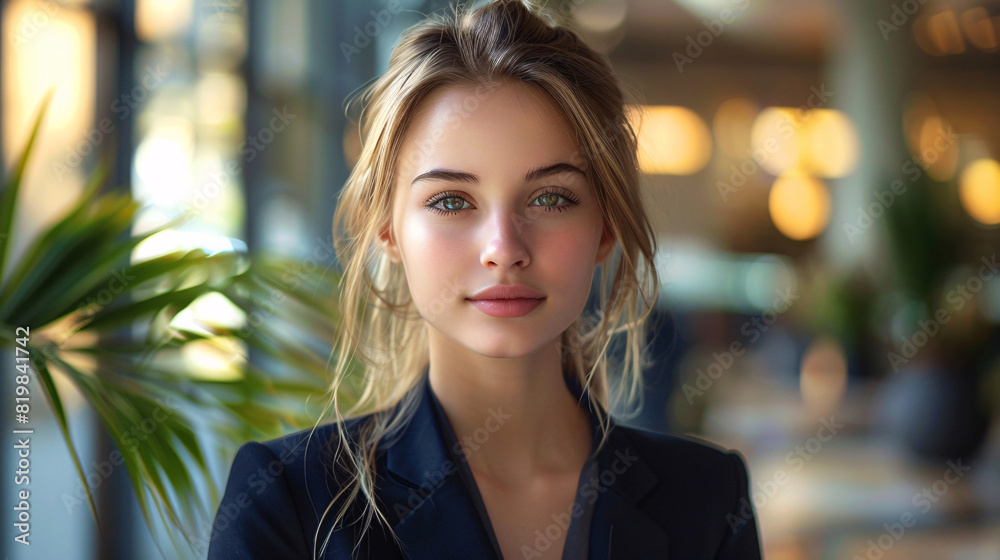 Slim young lady with an elegant hairstyle, standing confidently against a neutral background Slim young lady with an elegant hairstyle, standing confidently against a neutral background