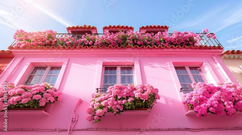 The building is painted pink, with a matching pink roof adorned with pink flowers