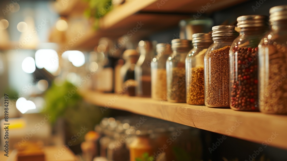 Food items on a wooden stand in the kitchen, with carefully arranged gourmet ingredients and spices