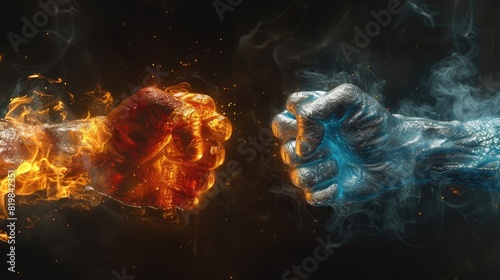 Two fists made of fire and ice facing each other on a black background, 3D rendered illustration with smoke, in the style of wallpaper