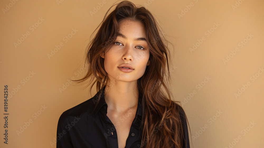 Obraz premium Slim young lady with an elegant hairstyle, standing confidently against a neutral background