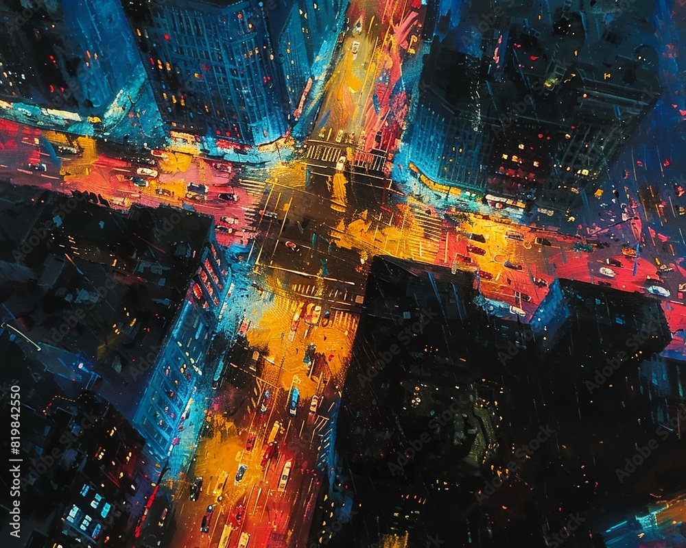 Obraz premium Vibrant City Street at Night Abstract Painting