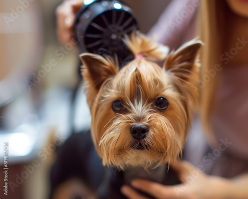 Adorable Yorkshire Terrier Being Dried with Hair Dryer, close up.