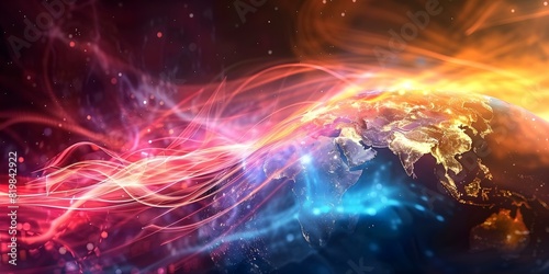 Accelerating Global Connectivity: Faster Data Transfers Speed Up Earth's Interconnectedness. Concept Telecommunications, Data Centers, Fibre Optic Cables, 5G Networks, International Collaboration