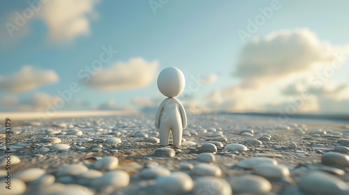 Lone figure in serene landscape contemplates journey of life and growth description A simple stylized 3D render depicts a lone abstract humanlike