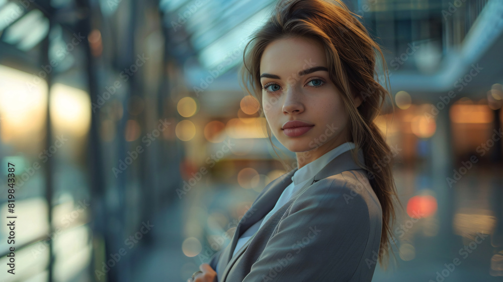 Stylish caucasian woman in a business outfit, posing gracefully in a corporate environment Stylish caucasian woman in a business outfit, posing gracefully in a corporate environment