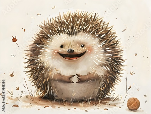 Cheerful Hedgehog Rolling Into a Fluffy Ball in Autumn Woodland