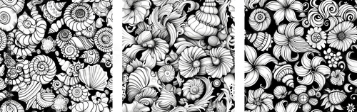 Set of Intricate black and white seashells pattern on dark background. Zentangle and hand-drawn illustration style. Design for textile and wallpaper. Seamless pattern