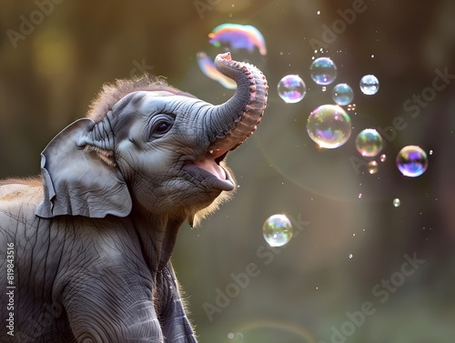 Giggling Baby Elephant Blowing Colorful Bubbles in Lush Surroundings photo