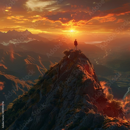 Person Standing on Mountain Peak at Sunset