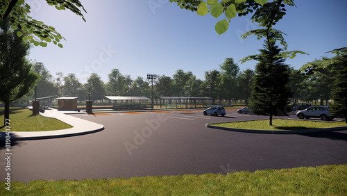 parking lot for baseball field facility in the middle of the forest 3d rendering