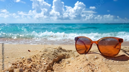 Sunglasses Resting on Tropical Beach with Serene Ocean Horizon