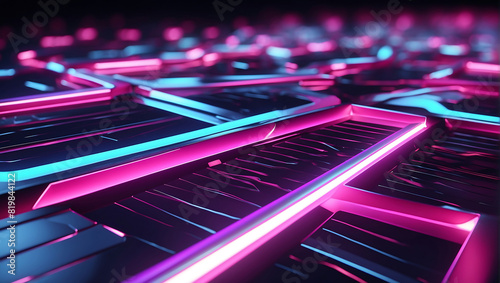 Abstract digital art featuring intersecting neon light beams in shades of purple, pink, and cyan against a dark background. The dynamic composition creates a futuristic, geometric landscape