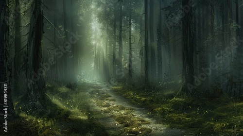 Mysterious forest illustration with tall trees and pathway