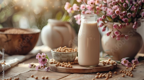 Fresh Soy Milk in unlabeled bottle  a cup of milk  bowl of soybean and a flower vase decorated. Concept stage for product made from natural milk 