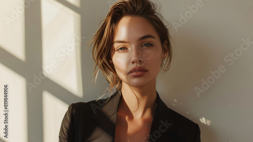 Stylish female model showcasing a chic business look, standing with confidence in a studio