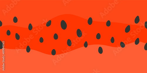 Cute watermelon pulp background with seeds in simple cartoon style. Colorful summer seasonal backdrop.