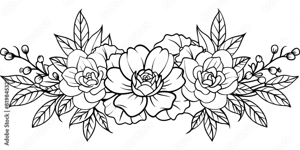 A black and white line drawing of different types of flowers with various leaves and stems A black and white line drawing of different types of flowers with various leaves and stems
