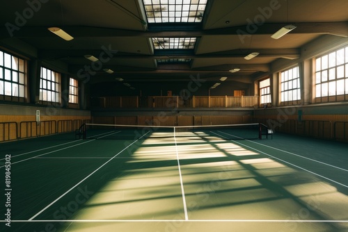 Photography of the blue table for ping-pong. Healthy lifestyle in the city. View from above / top view. Fish eye lens.. Beautiful simple AI generated image in 4K, unique.