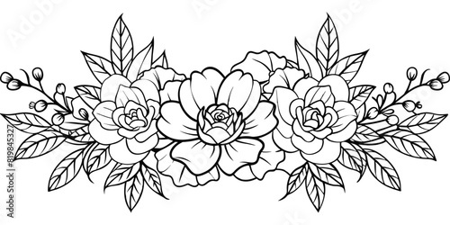 A black and white line drawing of different types of flowers with various leaves and stems