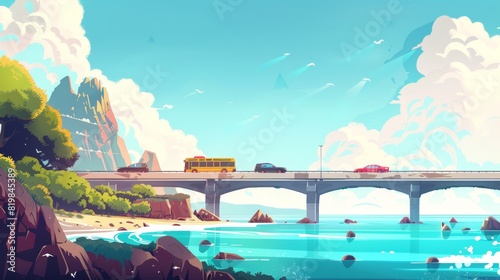 Cartoon summer landscape of ocean coast with mountains, green trees, a highway bridge with metal crash barriers, a bus and an automobile driving on an overpass road near the seashore. photo