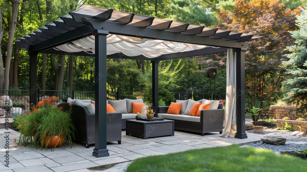 Integrate a retractable canopy or pergola roof for adjustable shade and protection from the elements. ai generated
