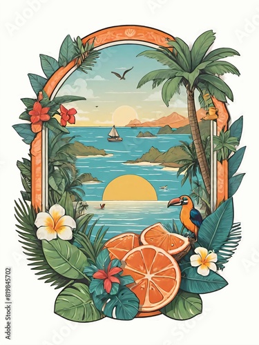 Tropical holiday themed postcard template with border decoration