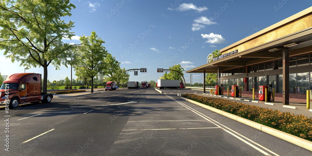 traffic in the city,  Truck Stop Rest Area An image of a truck stop rest area along a highway, with parked trucks, fuel pumps, and amenities such as a diner or convenience store, providing a restful