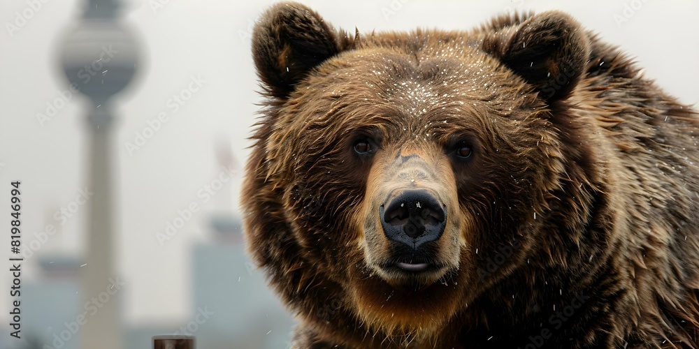 Bear closeup in front of Fernsehturm TV tower in Berlin. Concept Berlin Landmarks, Wildlife Photography, Bear Close-Up, Iconic TV Tower, Urban Wildlife