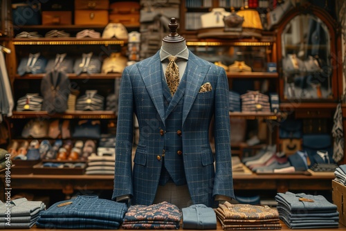 Men shirt in form of suits in dark navy blue colors on mannequin in tailoring room Luxury banner for an expensive men's clothing and office suits store © create