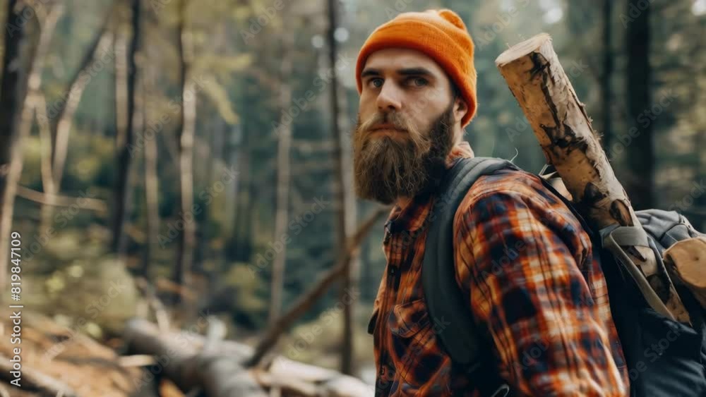 A man with a beard and a red hat is standing in a forest with a backpack and a log A man with a beard and a red hat is standing in a forest with a backpack and a log