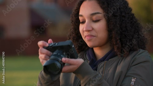 Beautiful African American mixed race biracial teenager young woman using a digital camera outside at golden hour taking photographs