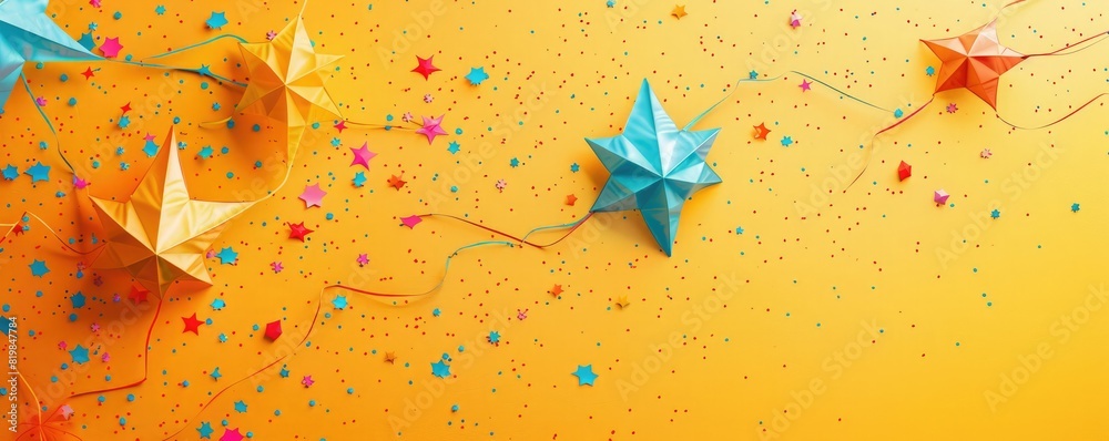 Handmade paper stars and confetti on yellow background. Handmade paper stars and confetti on yellow background.