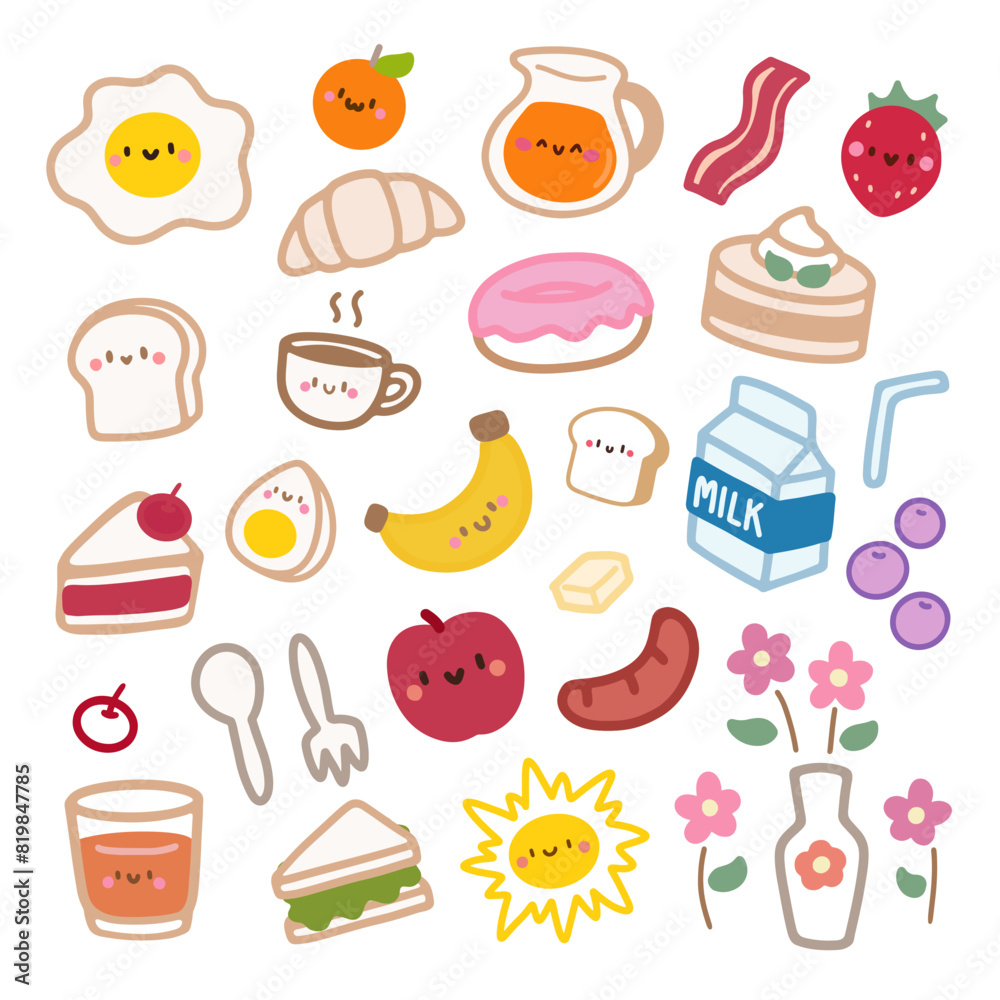 Cute Kawaii Breakfast Food and Drink Doodles with Happy Faces Cute Kawaii Breakfast Food and Drink Doodles with Happy Faces
