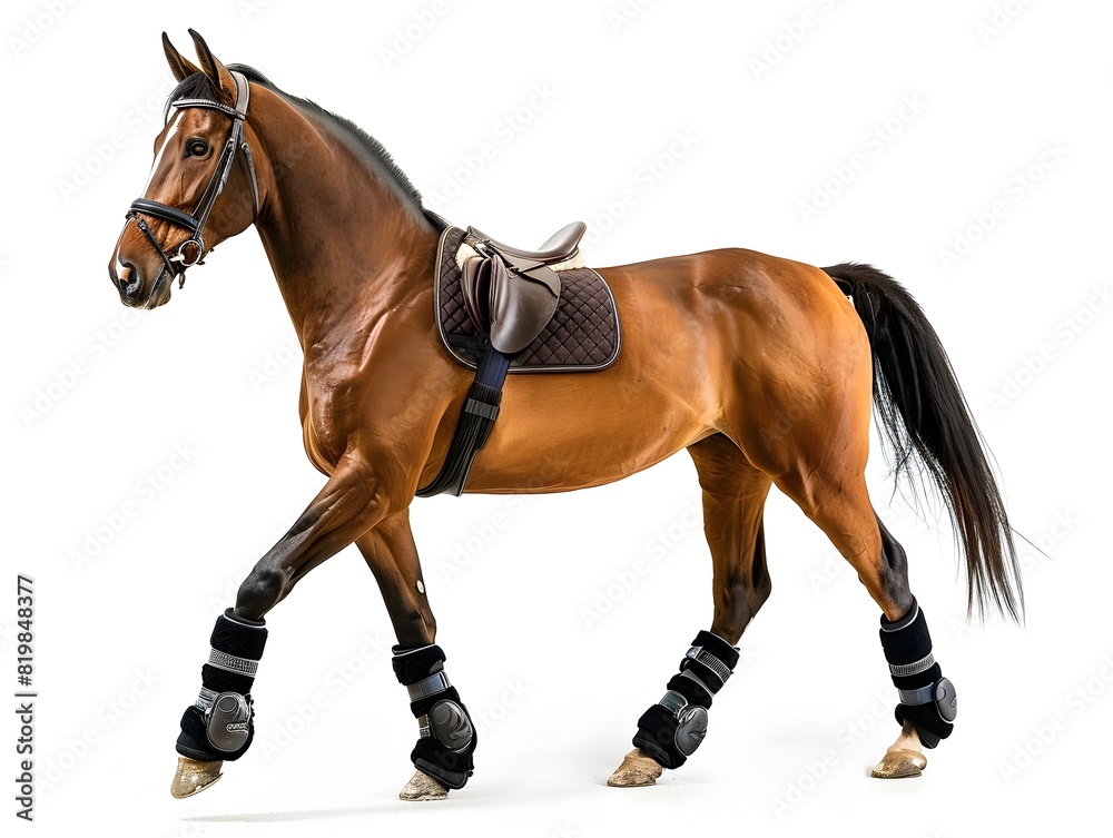 Obraz premium Brown Horse Wearing Protective Gear Exercising or Turned Out on White Background