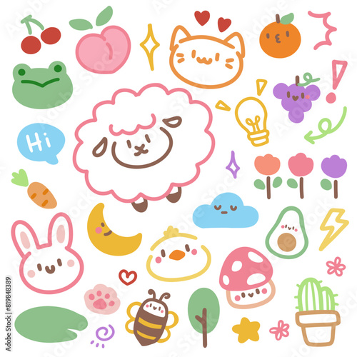Cute Kawaii Animal and Object Doodles with Happy Faces.Cute doodle hand drawn kids set. Colorful element of cat, sheep, bee, bunny, frog and flowers.