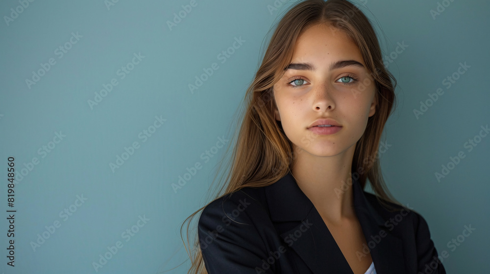Young female model in a fashionable business outfit, standing confidently in a studio setting Young female model in a fashionable business outfit, standing confidently in a studio setting